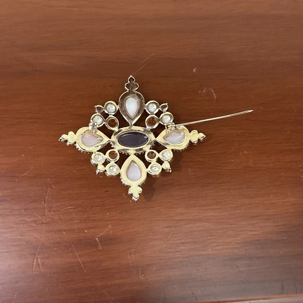 Multicolor Pink Purple Amber Cabochon Gold Brooch Pin Bold Flower Cross Shape